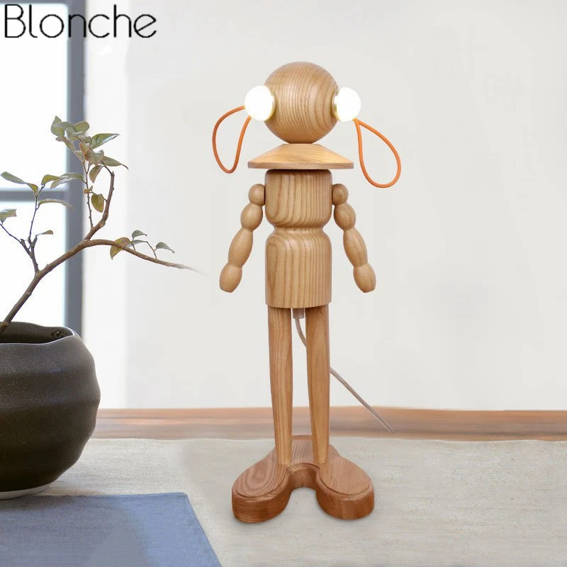 Nordic Solid Wood Robot Table Lamp Bedroom Bedside Lamp Stand Doll Wooden Desk Light Study Reading Fixtures Home Decor Luminaire