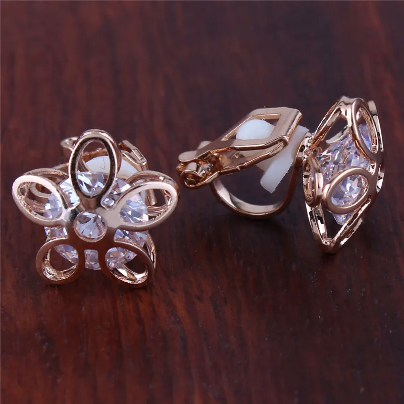 Gold Color AAA Cubic Zircon Flower Shape Hollow-out Clip on Earrings No Pierced for Girl Bridal Wedding Cuff Earrings Good Gift