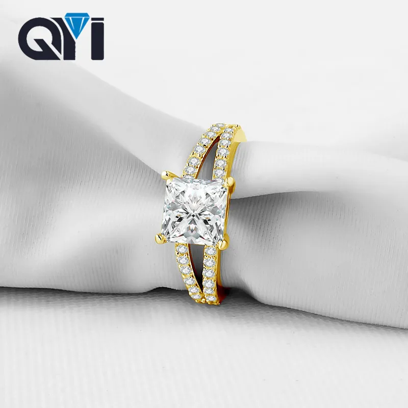 QYI Classic Real 14K Solid Yellow Gold Split Band Engagement Ring Moissanite Diamond Wedding Bands For Women