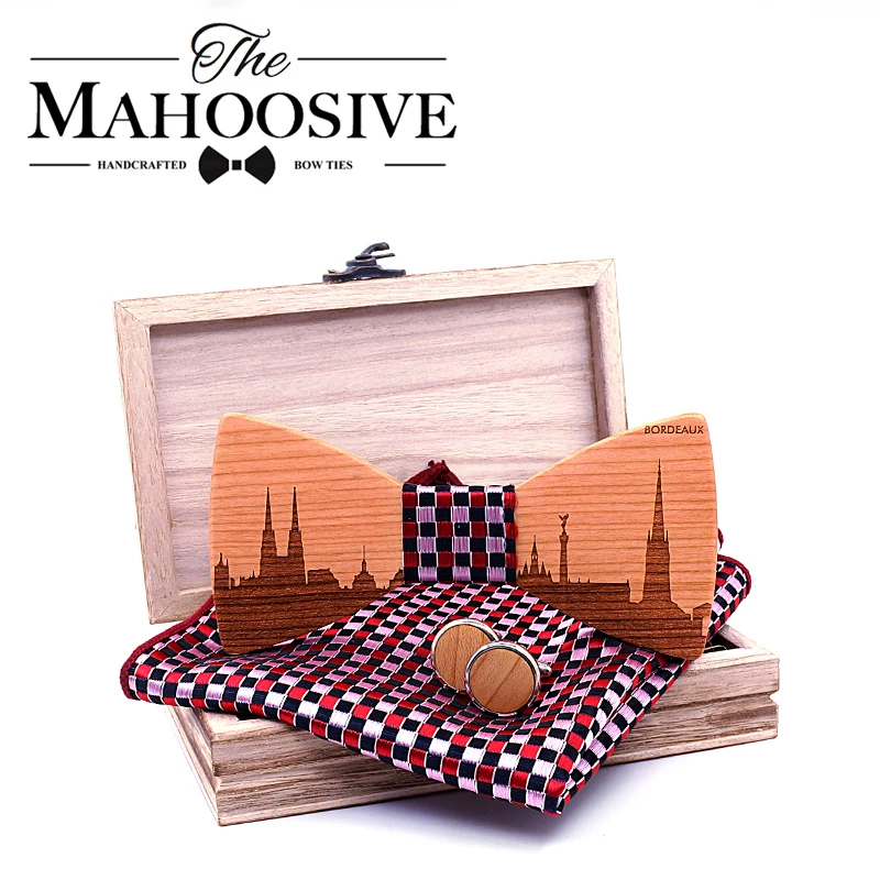 

Mahoosive France Bordeaux Skyline Wooden Bow ties Bowtie Butterfly Gravata Skyline Ties For Men Cufflinks Handkerchief Set Wine