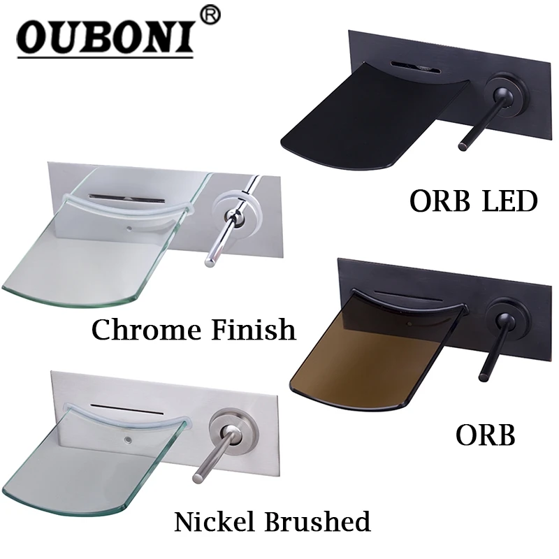 

OUBONI Black Wall Mounted Solid Brass Waterfall Bathtub Basin Tap Chrome Polished LED Bathroom Faucet Nickel Water Tap Mixers