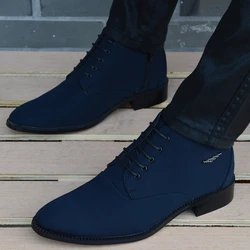 Botas de couro masculinas de dedo apontado respirável, sapato alto de lona, moda casual, outono, inverno