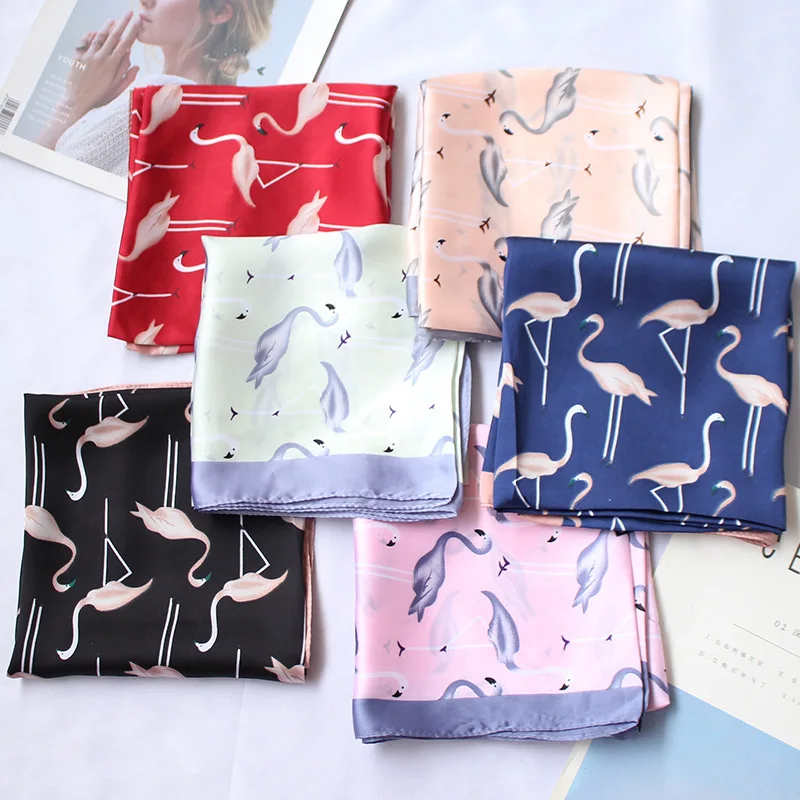 YOUHAN 2022 Fashion Women Silk Scarf 70*70cm Flamingo Print Small Square Scarf Spring Summer Lady Scraf 6 Colors Head Scarf