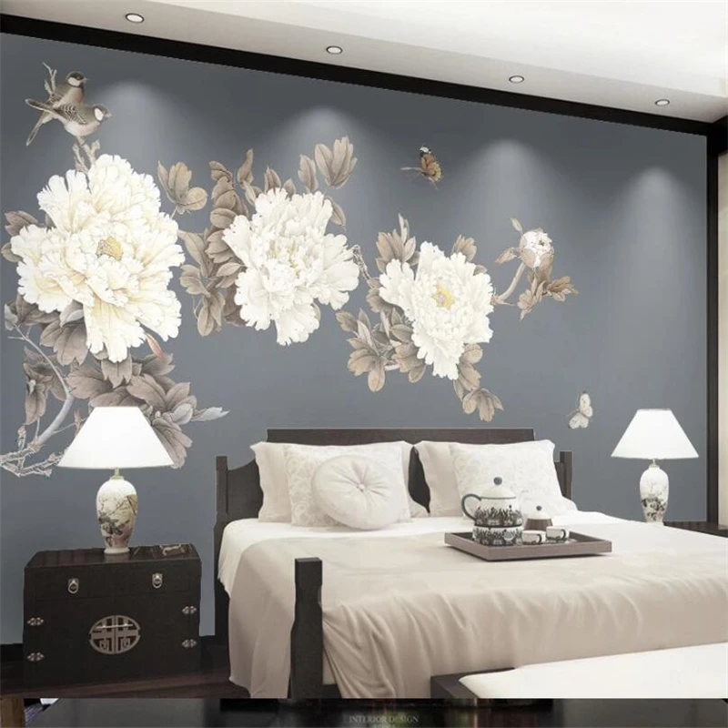 Custom wallpaper 3d murals hand-painted new Chinese-style pen peony flowers and birds background wall flowers rich 3d wallpaper