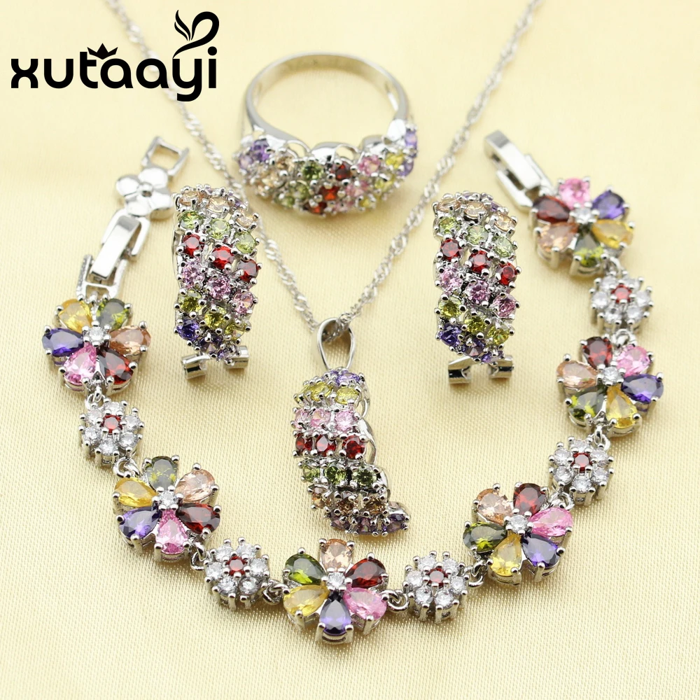 XUTAAYI 4PCS Jewelry Set  Sterling Silver Multicolor Stones Cubic Zirconia Earrings Ring Necklace Pendant Bracelet