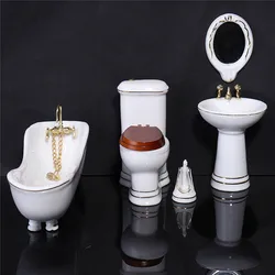 1/12 Dollhouse Miniature Furniture Porcelain Bathroom Set White Toilet Basin Mirror 5pcs For Doll House Accessories