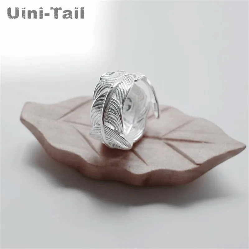 Uini-Tail 2018 hot new 925 Tibetan silver open feather ring adjustable size girl jewelry fashion tide flow high quality jewelry