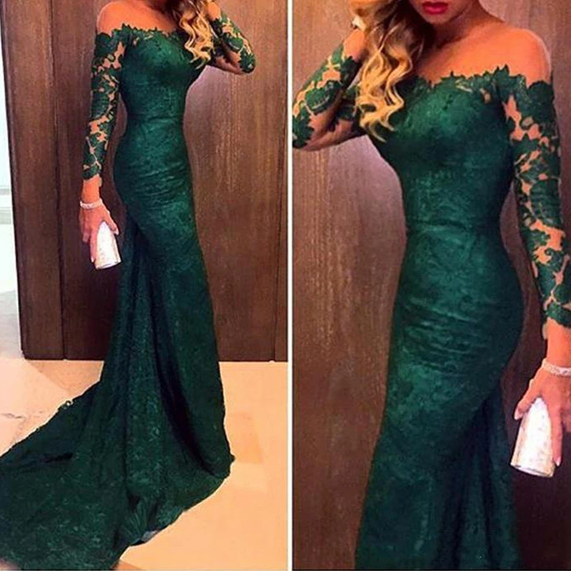 Vestidos de Noche pura de sirena, apliques de lazo verde oscuro, manga larga, hombros descubiertos, ajustado para la graduación, vestido Formal de noche, 2021