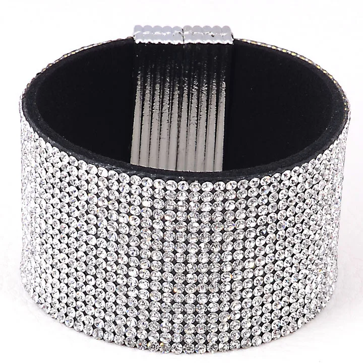 Miasol Magnetic Wrap Full Rhinestone Pave Crystal Bling Leather Women Girl Strap Bracelets For Party Jewelry Gifts