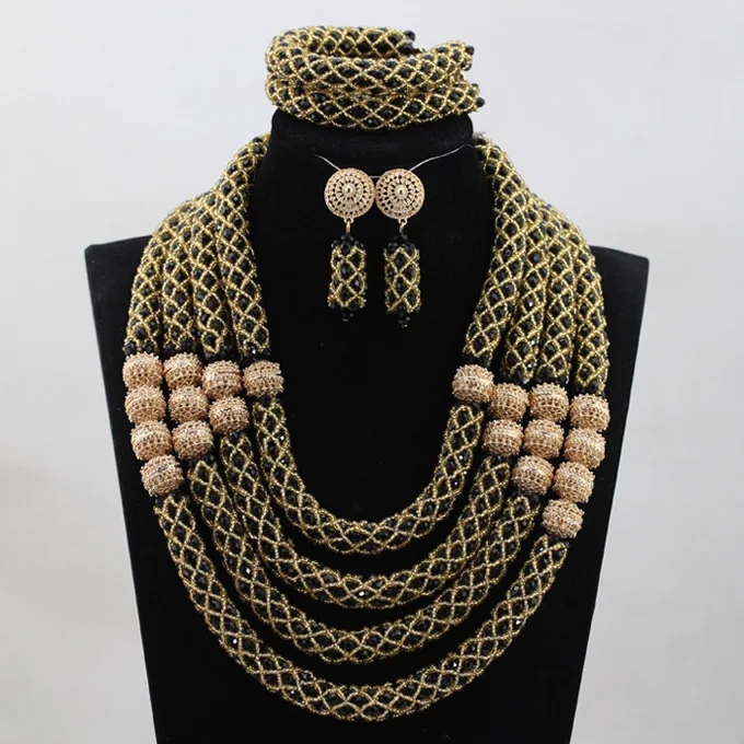 

New Bridal Jewelry Fabulous Black and Gold Women Crystal Jewelry Sets African Inspired Wedding Necklace Set Free Shipping ABH267