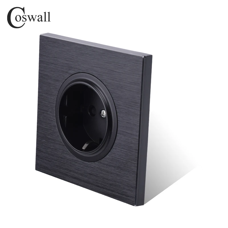 Coswall Black / Silver Grey Brushed Aluminum Panel EU Russia Spain Wall Power Socket Outlet Grounded With Child Protective Lock