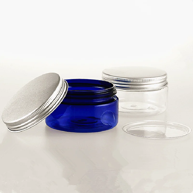 

50pcs/lot 100g Empty Cream Jars PET Cream Jar Bottle Clear / Blue Cream Box Makeup maquiagem Aluminum Lid (with PVC Inner Cover)