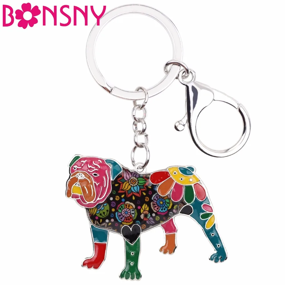 Bonsny Enamel English British Bulldog Bull Terrier Key Chain Keychains Ring Fashion Jewelry For Women Girls Gift Car Bag Pendant