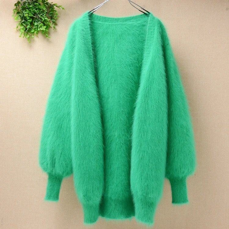 Lady women spring medium long real angora rabbit fur loose lantern long-sleeves hand knitted mink cashmere sweater coat cardigan