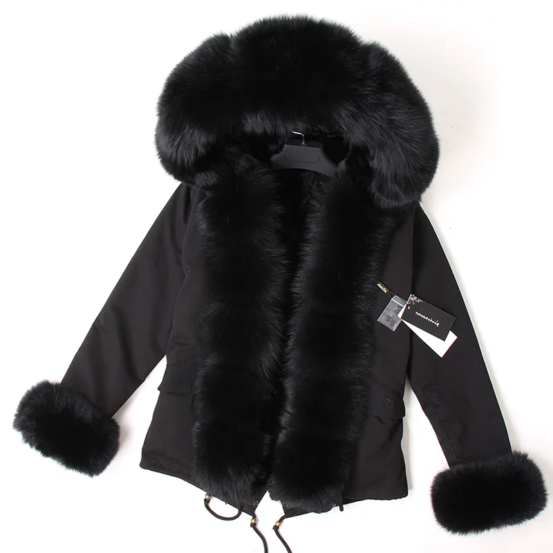 maomaokong Black fox fur Collar winter coat women jacket  Natural Fur Bunny Lined Jacket Coats