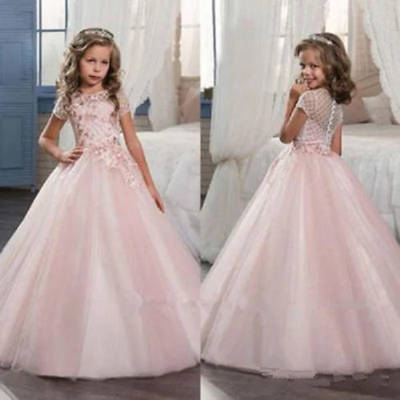 

Elegant Cute Flower Girl Dresses Lace Applique For Girls A-Line Tulle Pageant Gown Kids First Holy Communion Dresses