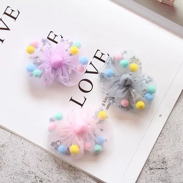 Boutique 24pcs Fashion Cute Pom Pom Ball Glitter Star Bowknot Hairpins Solid Gauze Bow Hair Clips Princess Headwear Accessories