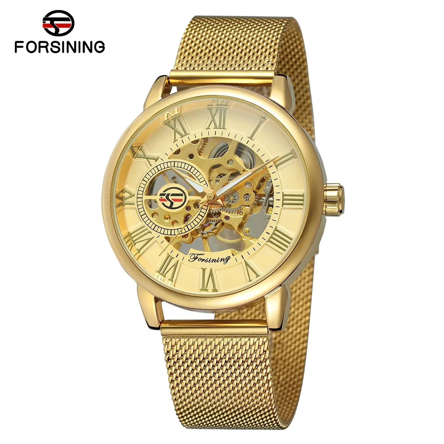 Forsining Top Brand Transparent Case Fashion 3d Logo Engraving Golden Stainless Steel Men Gift Mechanical Watch Luxury Skeleton