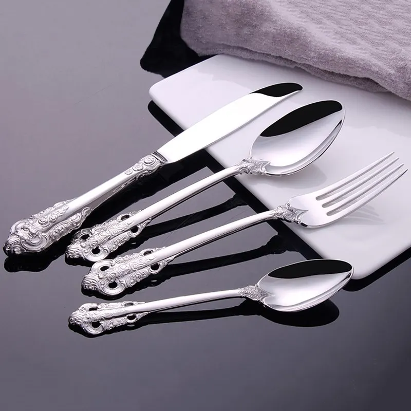 

24pcs Dinner Set Vintage Silver Dinnerware Set 18/10 Stainless Steel Christmas Cutlery Wedding Party Flatwar Knife Teaspoon New