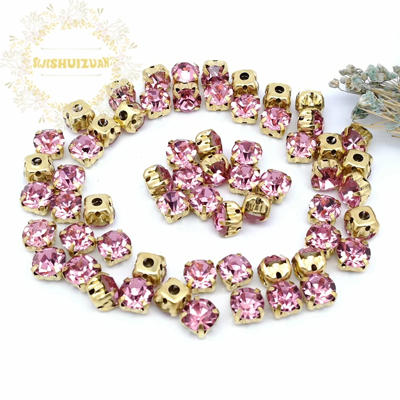 

New 3mm 4mm 5mm 7mm 8mm Pink Gold Claws Sew-on Round Rhinestones For Needlework DIY Glass Crystals Stones Clothes Wedding Dress