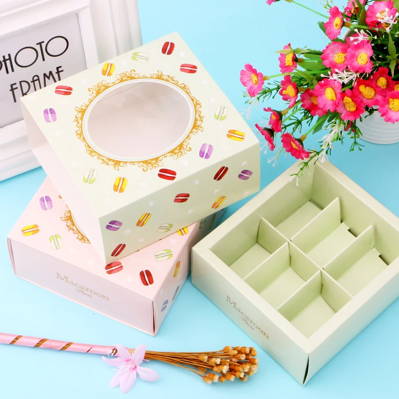 10pcs/lot pink/green/yellow Macaron box with transparent window dessert macarons pastry packaging boxes event party supplies dec