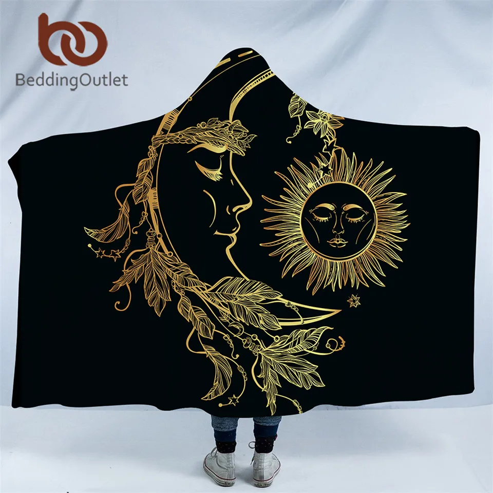 BeddingOutlet Gold Moon Accompanys Sun Hooded Blanket Black Dark Blue Sherpa Fleece Microfiber Soft Throw Blanket Thin Quilt