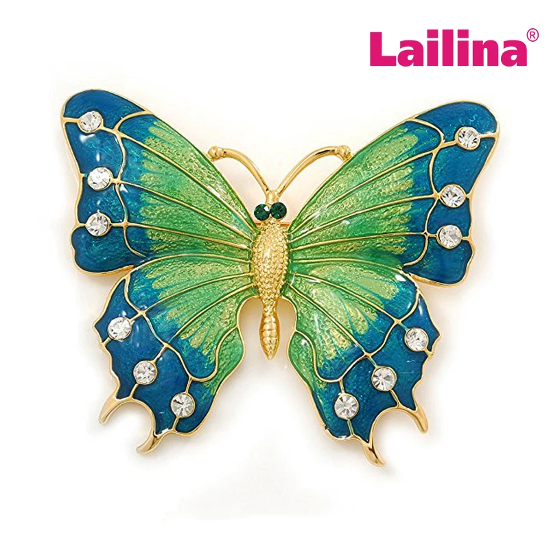 

50pcs/lot Green Enamel Butterfly Brooch Pin Gold Tone Alloy Metal Rhinestone Enamel Pins Elegant Women's Insect Brooches