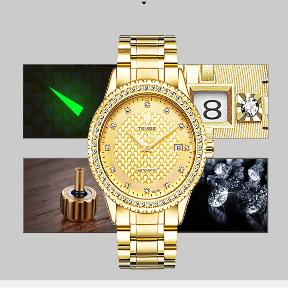 TEVISE Full Gold Clock Men Automatic Watch Luminous Stainless Steel Watchband Date Luxury Men Watch Fashion New 2024