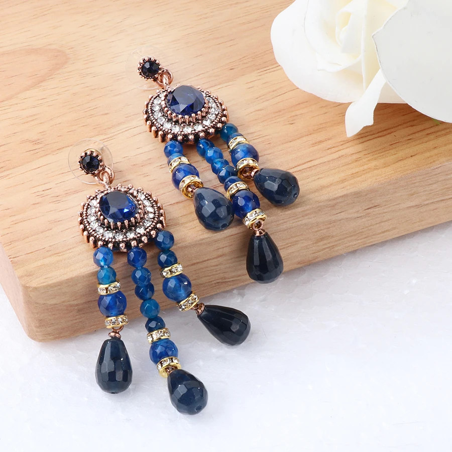 Kinel Blue Natural Stone Tassel Earrings For Women Fashion Antique Gold Color Vintage Jewelry Luxury Crystal Gift 2018 New