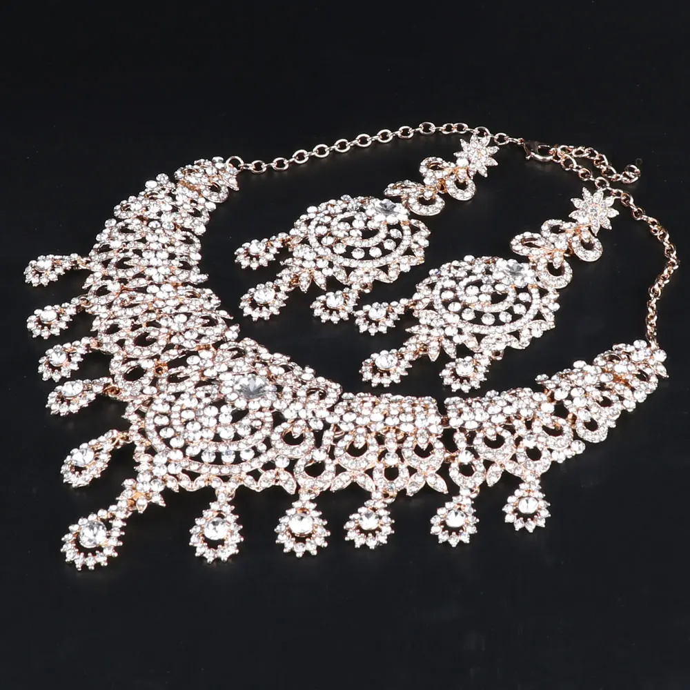 

Fashion Rhinestones Necklace Earrings Indian Bridal Jewelry Sets For Brides Wedding Party Prom Dresses Decoration Gift For Women