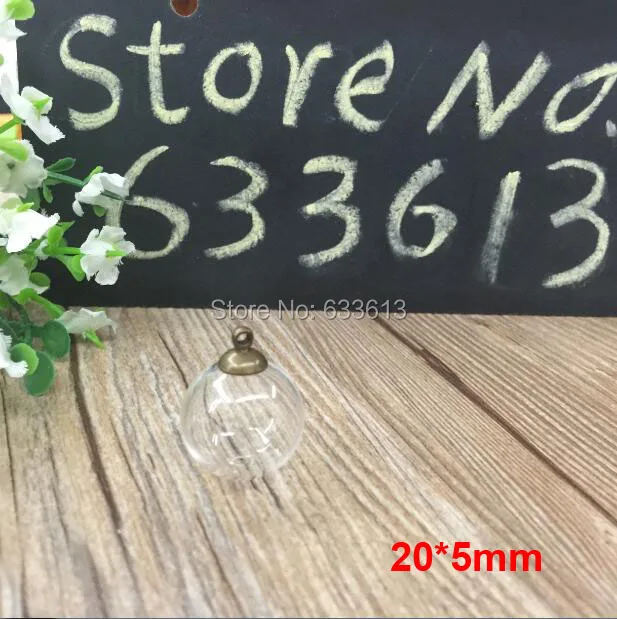 Best selling 100sets/lot 20mm(5mm opening) glass bubble & bronze plated cap with ring set DIY Glass bottle vial pendant