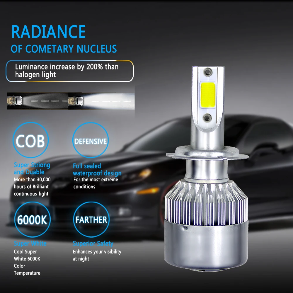 LED H1 H4 H7 H8 H9 H11 9005 HB3 9006 HB4 Car Headlight Bulb C6 Hi/lo Beam COB Kit Fog Light 12v 3000K 4300K 6000K 14000K Purple
