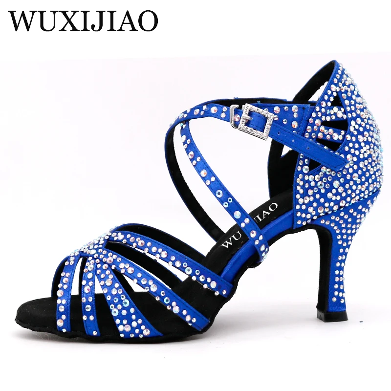 WUXIJIAO Latin dance shoes big small rhinestone bright Red blue satin Women Salsa dance shoes wedding party shoes Flare 7.5cm