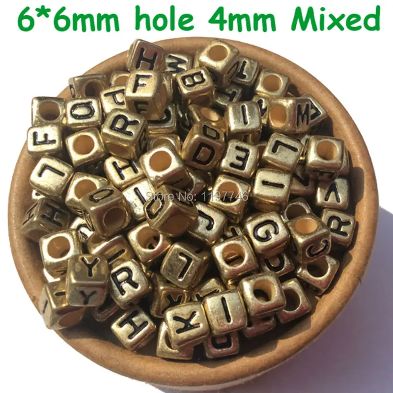 Gold Alphabet A-Z Letters Beads 6mm 2600pcs Vintage Acrylic Cube Loose Spacers with Big Hole For Handmade diy Bracelets