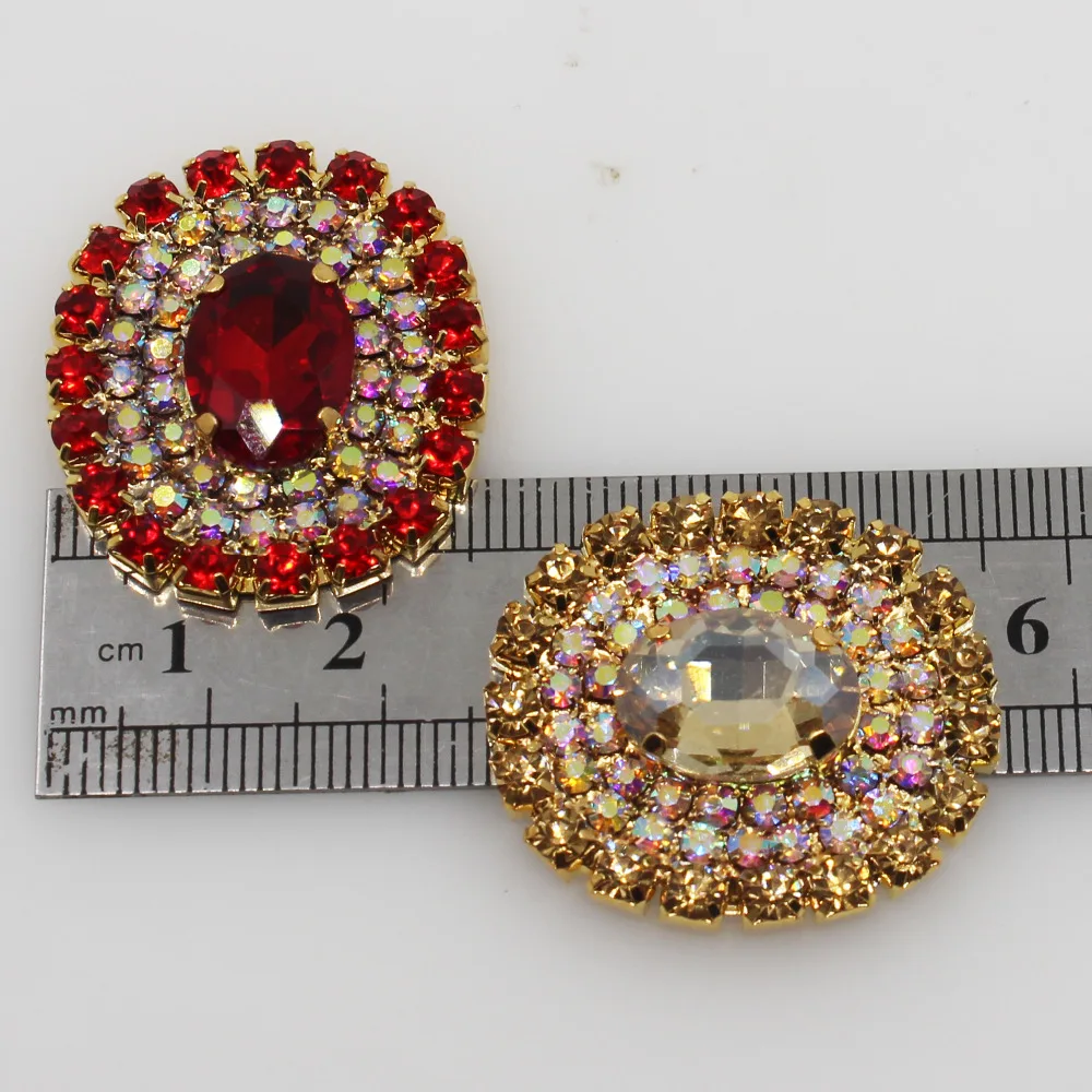 5Pcs 25*30mm Oval AB rhinestone Button clear glass gold Wedding Bride holding flowers decorate hair accessories scrapbook