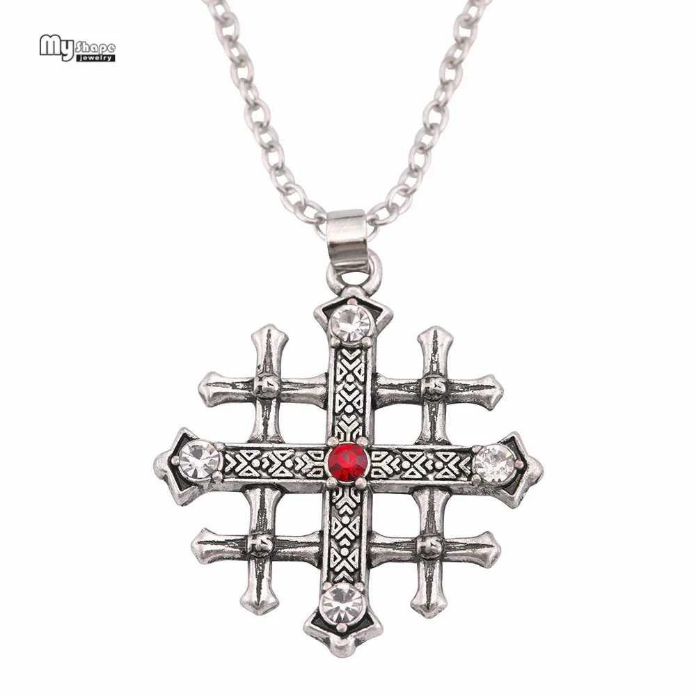 My Shape Jerusalem Cross Medieval Necklace Red Crystal Pendant Choker Christian Vintage Statement Necklaces