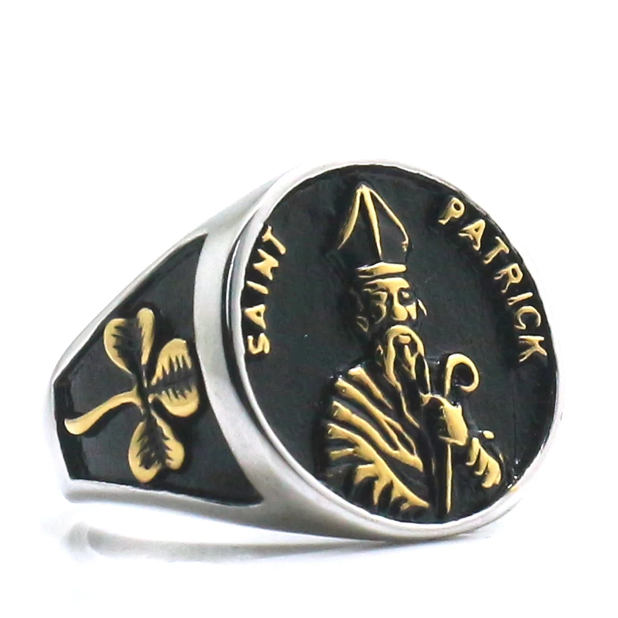 Unisex Saint Patrick Cross Shamrock 316L Stainless Steel Ring St. Patrick's Day