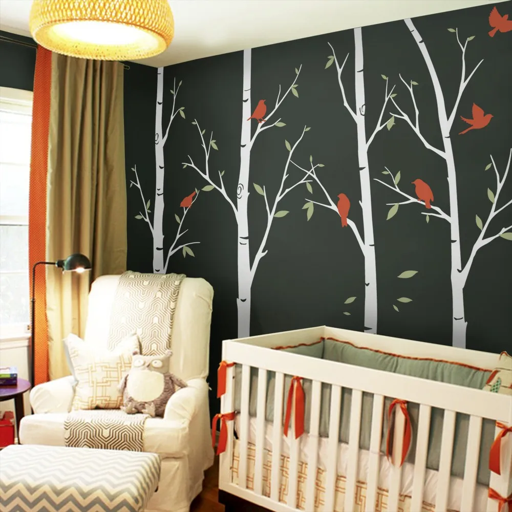 

6 Birch Tree Wall Decals Sticker Set Large Tree With Birds Wall Stickers For Kids Room Baby Nursery Wall Tattoo Mural A399