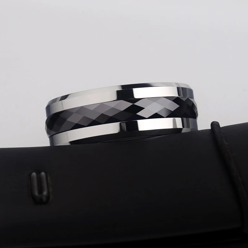 Ring for Men, 8mm Width Tungsten Carbide Inlay Black Multifaceted Ceramic Ring for Wedding, Customized