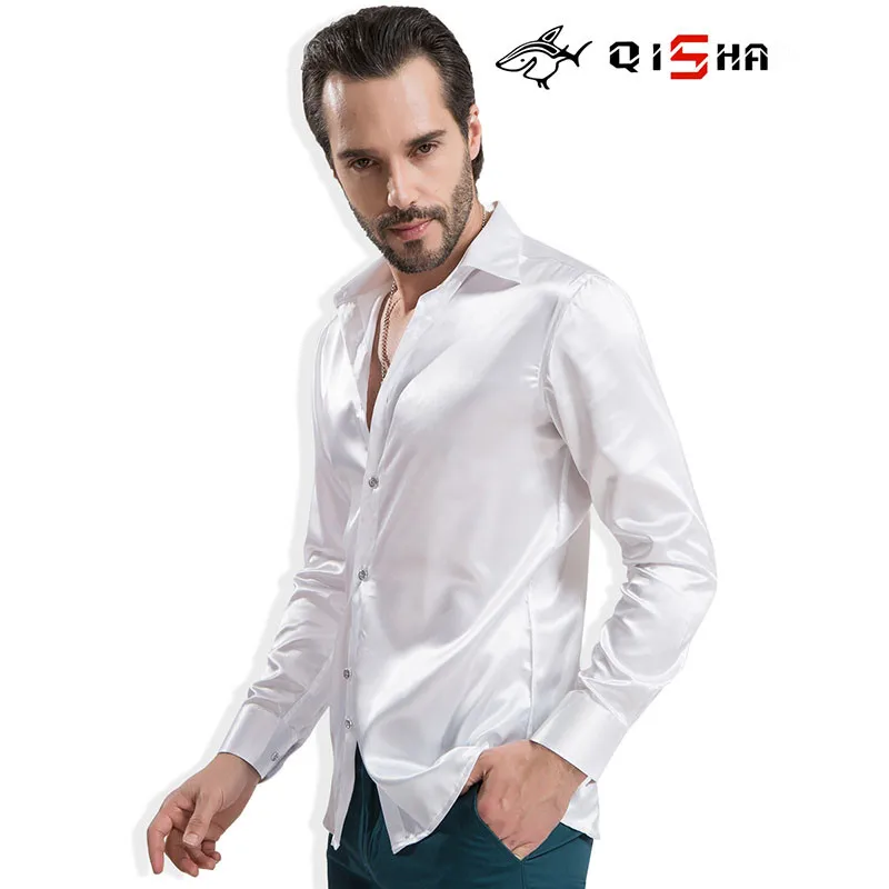 Luxury Clothing Shirt Men Brand Satin Silk Wedding Shirt Attend Party Bridegroom Shiny Dress Plain White Tuxedo Shirt For Men