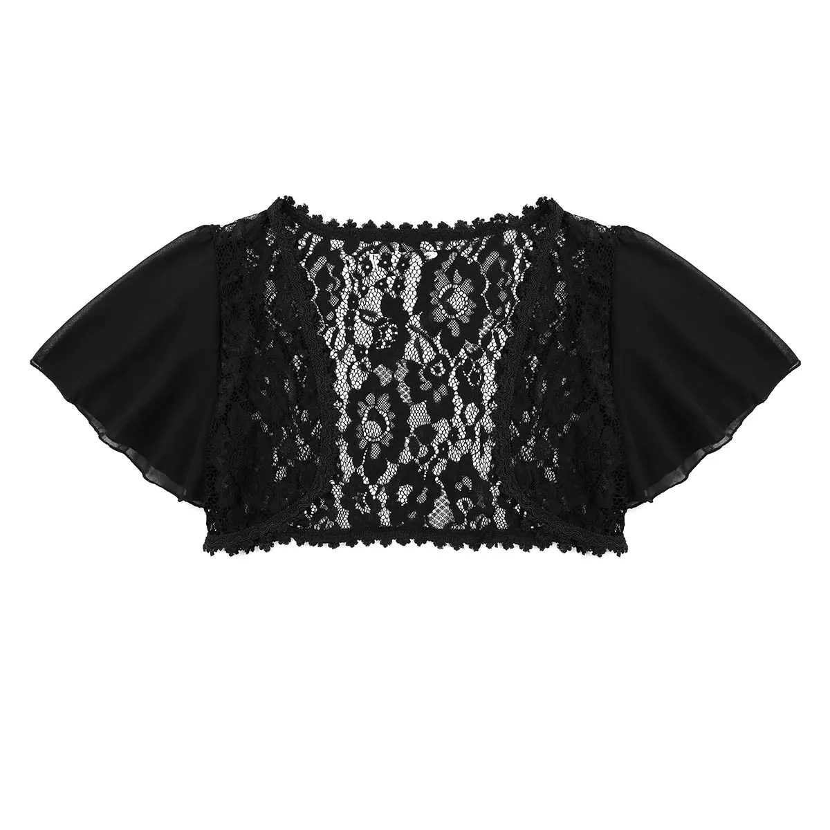 Female Womens Fashion Short Bell Sleeve Floral Lace Sheer Open Front Chiffon Shrug Cardigan Top for Wedding Dress Clothes Shrug