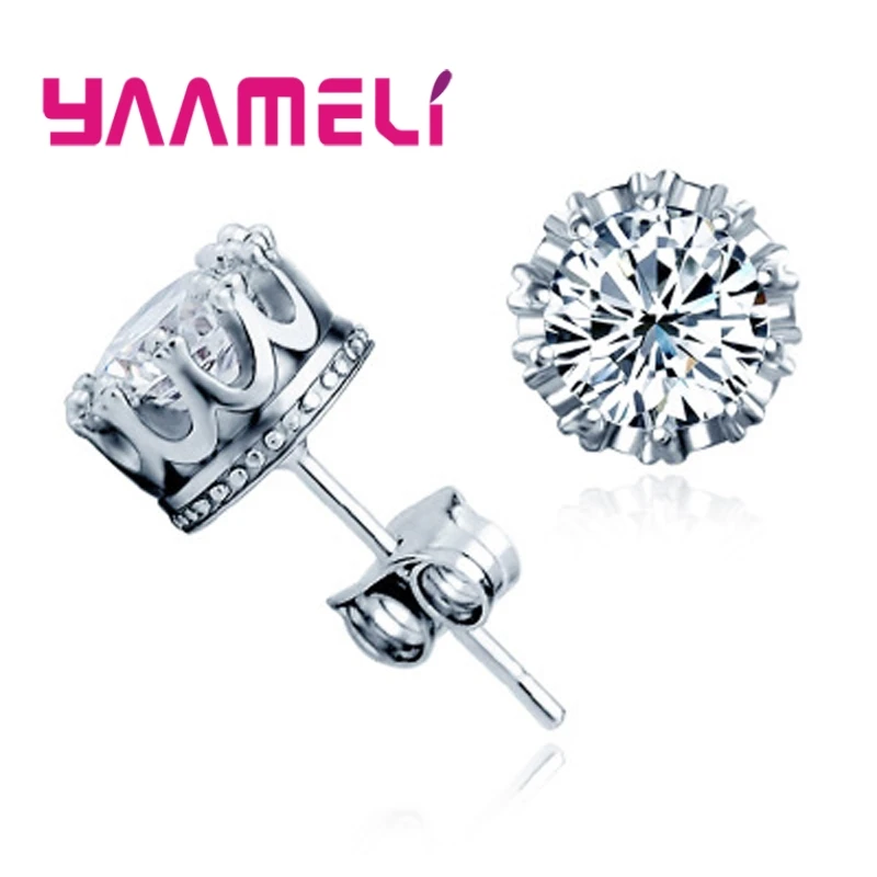 Classic 925 Sterling Silver CZ Crystal Stud Earrings For Women Men Top Quality Cubic Zircon Ear Accessories Jewelry