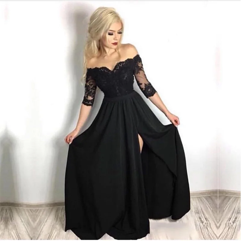 Off The Shoulder Prom Dresses With Half Sleeves Front Split Black Vestidos de formal Prom Gowns Women Formal Prom Party Dresses