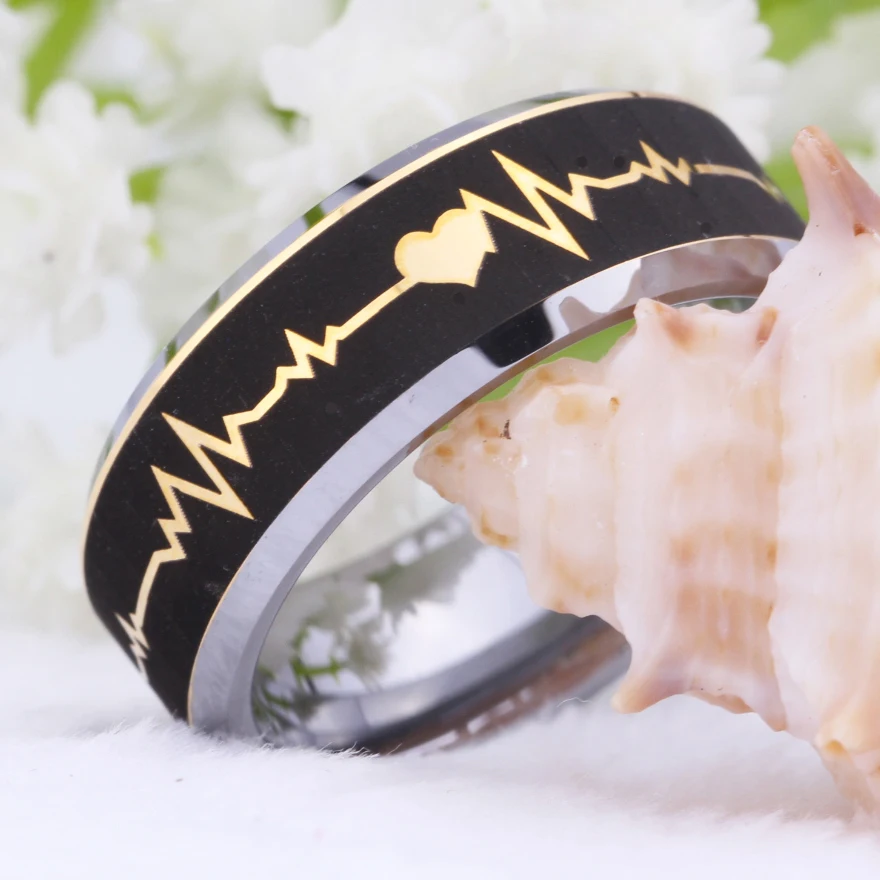 Classic Wedding Rings for Women Men's Engagement Rings Heart Beat EEG Design Promise Anniversary Jewelry Golden Tungsten Ring image 4