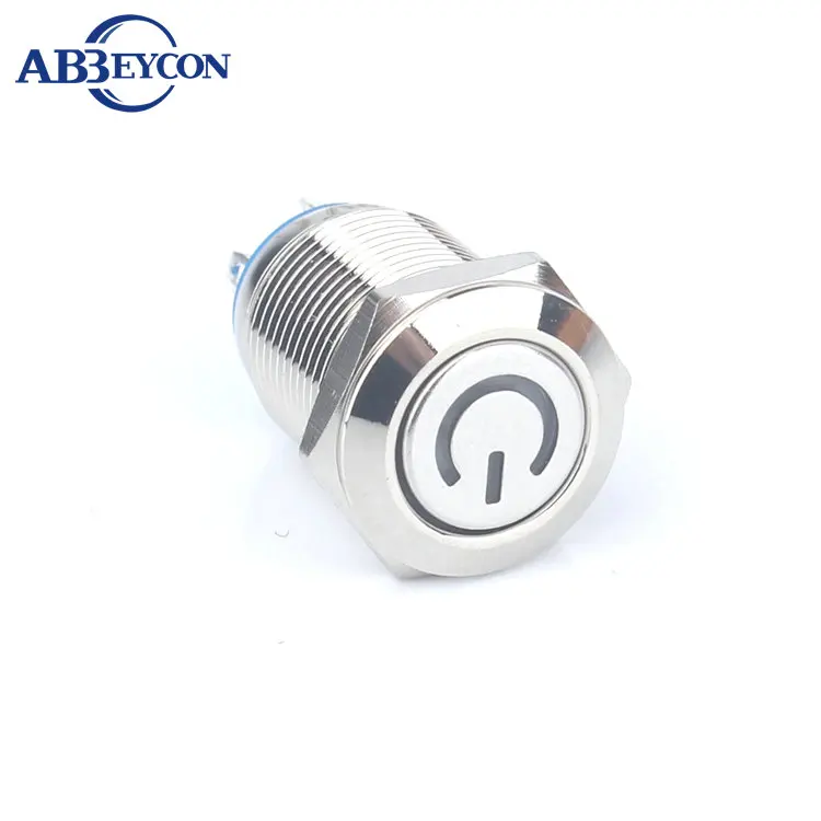 12mm 12V  Blue led Logo Illuminated Power Symbol Light Brass Flat Round Head Momentary Push Button Metal Shell Mini Switch