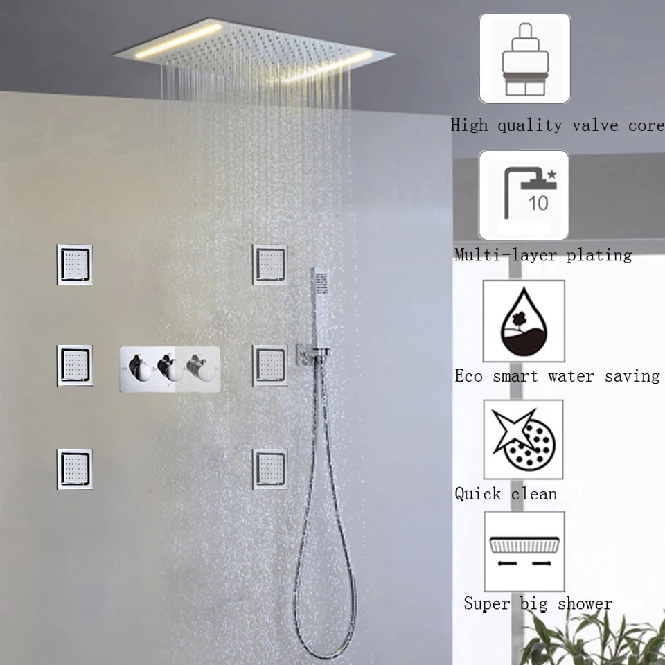 Bathroom Shower Faucet Set 100V~240V AC Yellow LED Rain Shower Head Hot & Cold Mixer Tap Valve Easy-Installation Contemporary