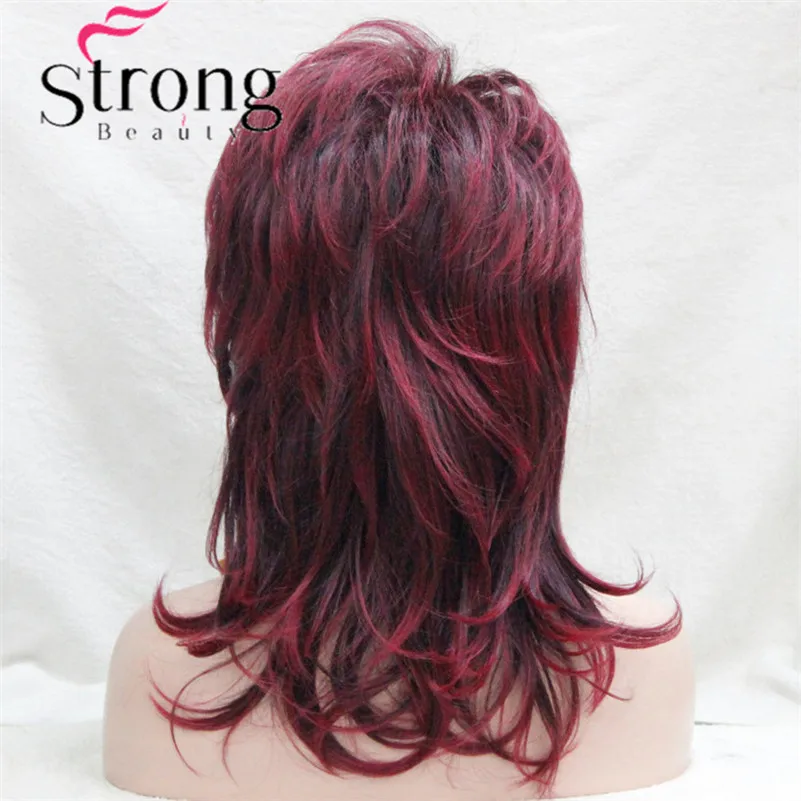 StrongBeauty Long Soft Shaggy Layered Wine Red Ombre Classic Cap Full Synthetic Wig Women\'s Wigs