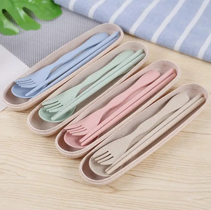 Shiny Portable Wheat Straw Tableware Cutlery Set Three Piece For Children Adult Travel Cutlery Kit Gift Dinnerware Set SN1535