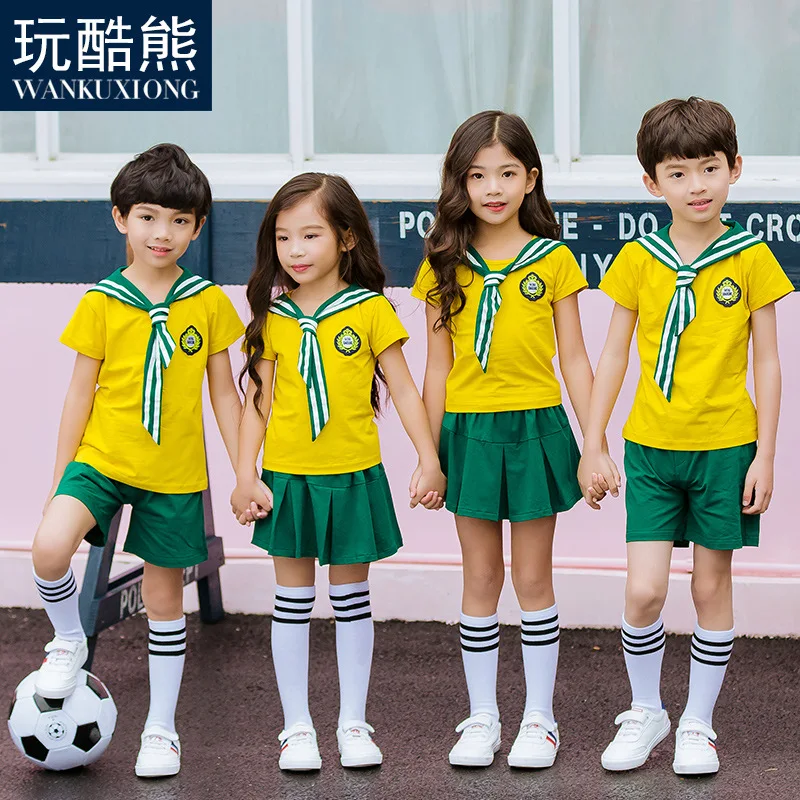 Children's Kindergarten Uniforms Kids Primary School Uniforms Short Sleeve Round Collar Brazil Chorus Costumes Top Skirt D-0633