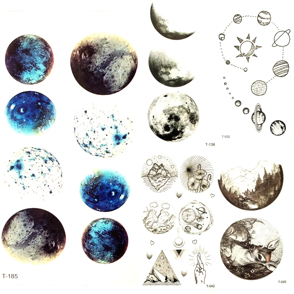 Blue Watercolor Galaxy Tattoo Star Moon Universe Planet Temporary Tattoo Men Round Earth Flash Tatto Sticker Women Body Arm Art